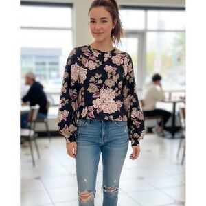 Maison d'Amelie Paris Floral Puff Sleeve Sweatshirt Black Pink Women Small